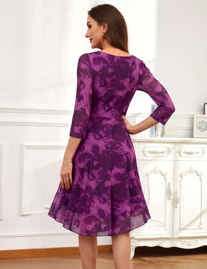 Zattcas Spring Fall Wedding Guest Dresses for Women 2026 Midi Business Casual Outfits Modest 3/4 Sleeve Crew Neck Spring Floral Mesh Church Teacher Office Work Dress Purple L - Image 3