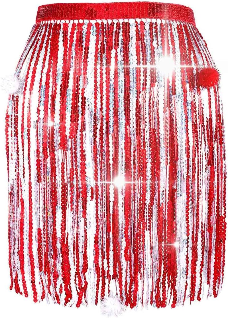 REETAN Fringe Sequin Skirt Belly Dance Sparkly Rave Skirts for Women - Image 1