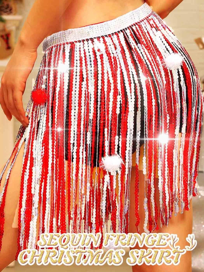 REETAN Fringe Sequin Skirt Belly Dance Sparkly Rave Skirts for Women - Image 2