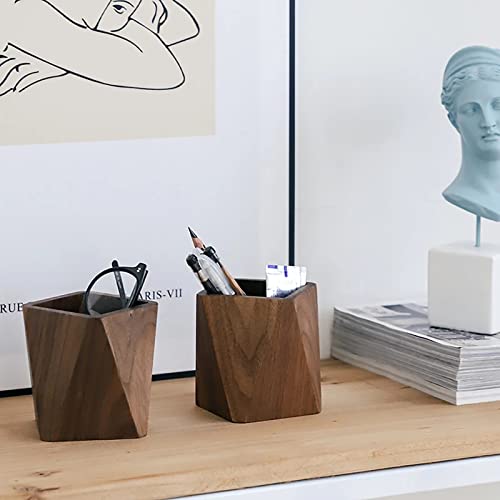 Soseelnee Black Walnut Wooden Pencil Box, Multiple-Use Desk Writing Stationary Organizer Wood Pen Holder Cups Office School Supplies Storage (Prismatic Shape) - Image 5