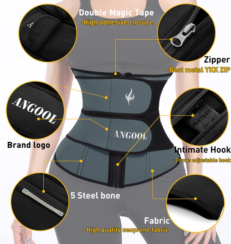 ANGOOL Neopren Waist Trainer For Women,Workout Plus Size Trimmer Belt Sauna Sweat Corset Cincher With Zipper 2XL Gray-Dark - Image 2