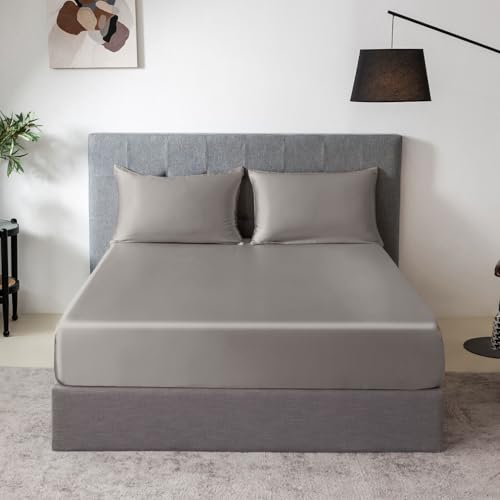 THXSILK 100 Mulberry Silk Fitted Sheet Set 7A Silk 3 Pieces Bed Sheets Breathable Smooth 16 Inch Deep Pocket Fitted Sheet 2 Pillowcases Grey Twin - Image 1