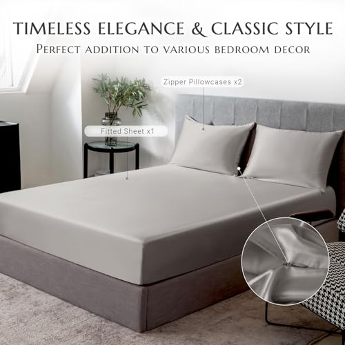 THXSILK 100 Mulberry Silk Fitted Sheet Set 7A Silk 3 Pieces Bed Sheets Breathable Smooth 16 Inch Deep Pocket Fitted Sheet 2 Pillowcases Grey Twin - Image 3