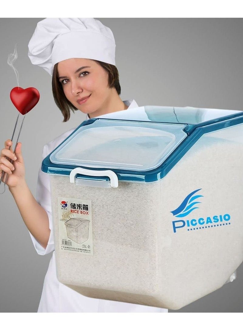 PICCASIO 15kg Rice Box Storage Container Airtight with Lid Large Capacity Cereals Dispenser Storage Box With Wheels and Cup for Pet Food Rice Grains Beans - Image 1