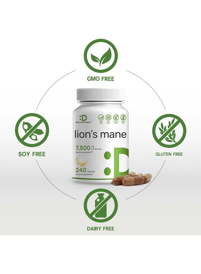 DEAL SUPPLEMENT Lions Mane Mushroom Supplement, 7,500mg Per Serving, 240 Capsules – Active Fruiting Body & Mycelium 10:1 Extract – Natural Brain Nootropic & Immune System Booster – Non-GMO - Image 3