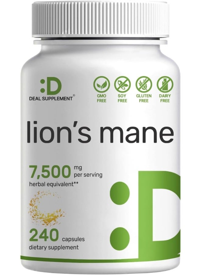 DEAL SUPPLEMENT Lions Mane Mushroom Supplement, 7,500mg Per Serving, 240 Capsules – Active Fruiting Body & Mycelium 10:1 Extract – Natural Brain Nootropic & Immune System Booster – Non-GMO - Image 1