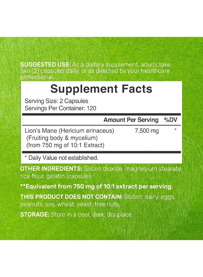 DEAL SUPPLEMENT Lions Mane Mushroom Supplement, 7,500mg Per Serving, 240 Capsules – Active Fruiting Body & Mycelium 10:1 Extract – Natural Brain Nootropic & Immune System Booster – Non-GMO - Image 2