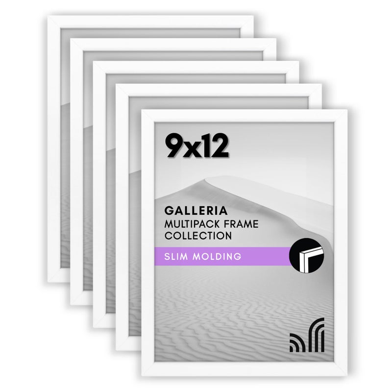 Americanflat 9x12 Picture Frame with Polished Plexiglass  Set of 5  Use as 6x8 Frame with Mat or Display 9x12 Photo Without Mat  Galleria Collection  Picture Frames for Wall Display  White