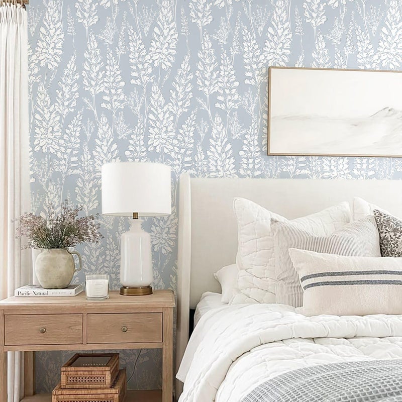 Ismoon Floral Peel and Stick Wallpaper Boho Blue Contact Paper 17.3'' x 78.7'' Neutral Wallpaper Renter Friendly Removable Self-Adhesive Wall Paper for Bedroom Kitchen Wall Decor Vinyl - Image 2