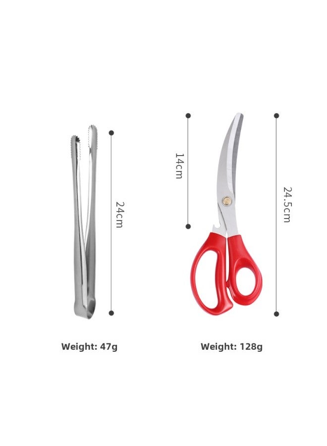 Japanese-style 304 Stainless Steel Barbecue Clip Golden Barbecue Clip Extended Food Clip Steak Clip BBQ Buffet Food Clip-Color:Bare Body Clip 24cm (silver) + Red Scissors - Image 1