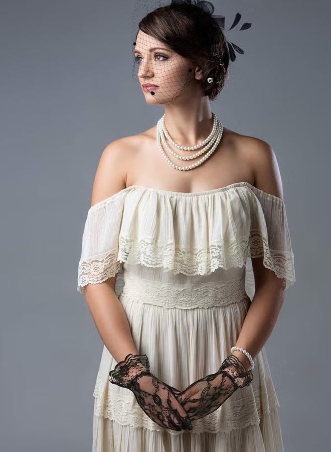 هابي دي قبعة للنساء، قبعة بحجم علبة الدواء، قبعة مزينة بالريش، وشاح شبكي، رباط رأس، وقفازات دانتيل قصيرة، قفازات دانتيل مزهرة، حفل شاي، زفاف، زهرة، كوكتيل، مشبك شعر مزين بالريش. - Image 2