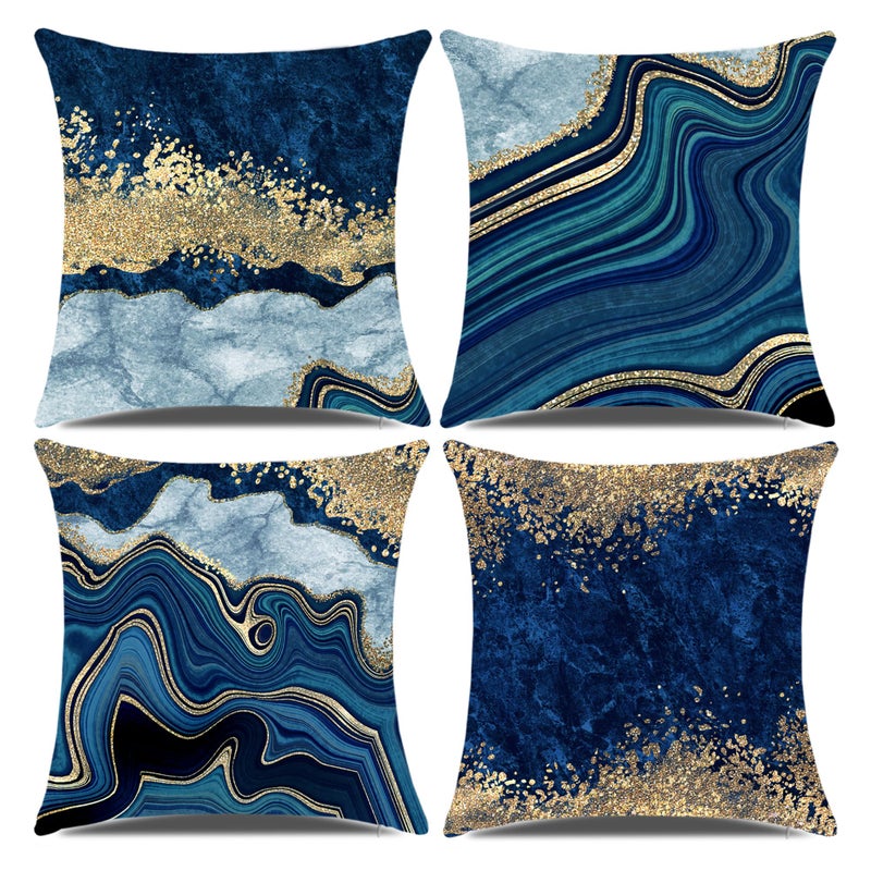 LDJRSY Navy Blue and Gold Throw Pillow Covers Set of 4 Decorative Pillows Covers 18 x 18 inch Blue and Gold Pillows Cushion Covers for Living Room Decor Sofa Couch Pillow Cases