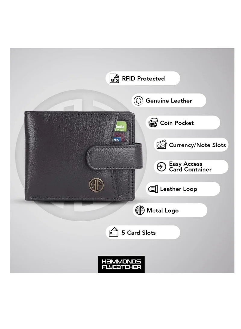  هاموندز فلاي كاتشر محفظة جلدية للرجال - محفظة جلدية محمية بتقنية RFID للرجال، محفظة نقود للرجال - 5 فتحات للبطاقات، جيب للعملات المعدنية، جيوب مخفية، زر كبس معدني | رمادي | BTYJ