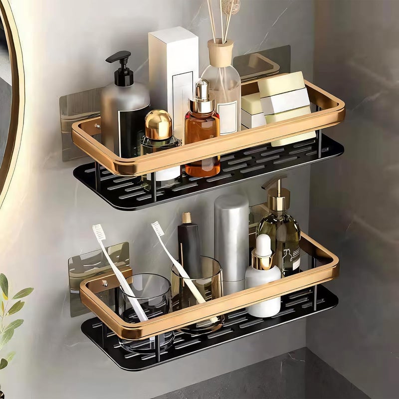 MIORAH Bathroom Organiser Without Drill Bathroom Accessories with Hooks Self Adhesive Bathroom Shelf for Wall Washroom Organiser Made of Strong Quality Metal Gold Pack of 2 - Image 1