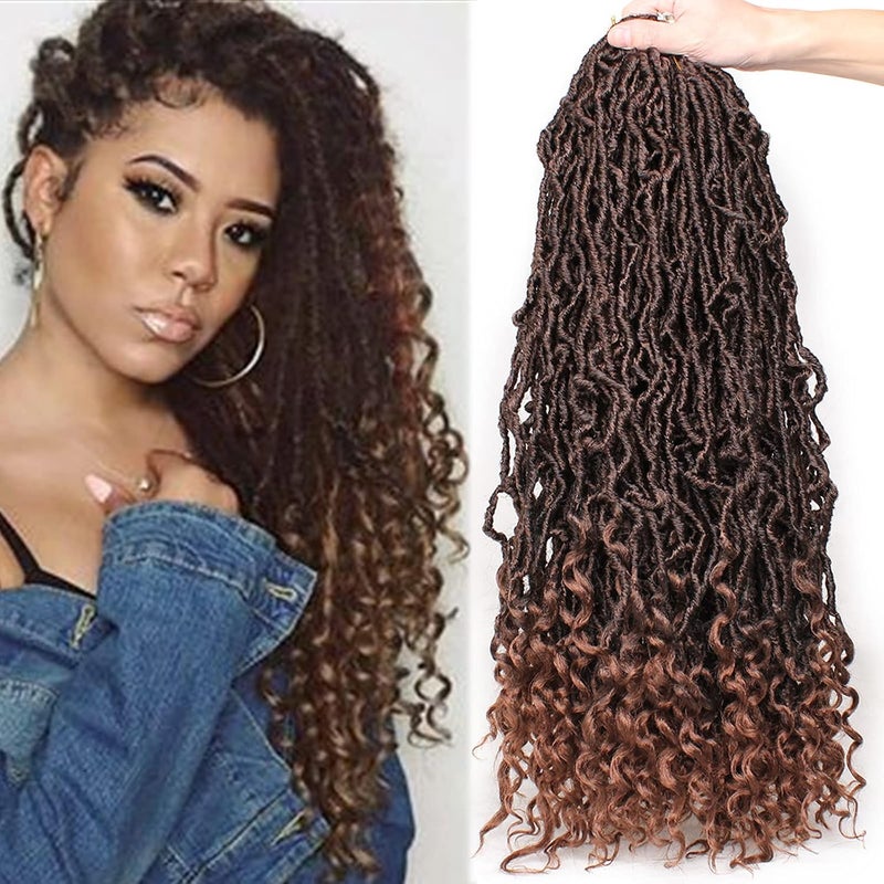 Leeven 24 Inch Long Goddess Locs Crochet Braids With Curly Ends Boho Soft New Faux Locs Crochet Hair 7 Packs Ombre Brown Pre Looped Synthetic Braiding Hair for Women 12 Strands/Pack (T30#) - Image 1