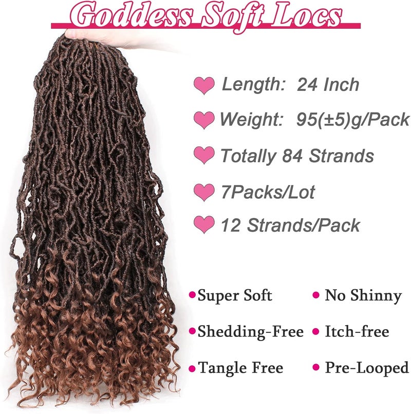 Leeven 24 Inch Long Goddess Locs Crochet Braids With Curly Ends Boho Soft New Faux Locs Crochet Hair 7 Packs Ombre Brown Pre Looped Synthetic Braiding Hair for Women 12 Strands/Pack (T30#) - Image 3