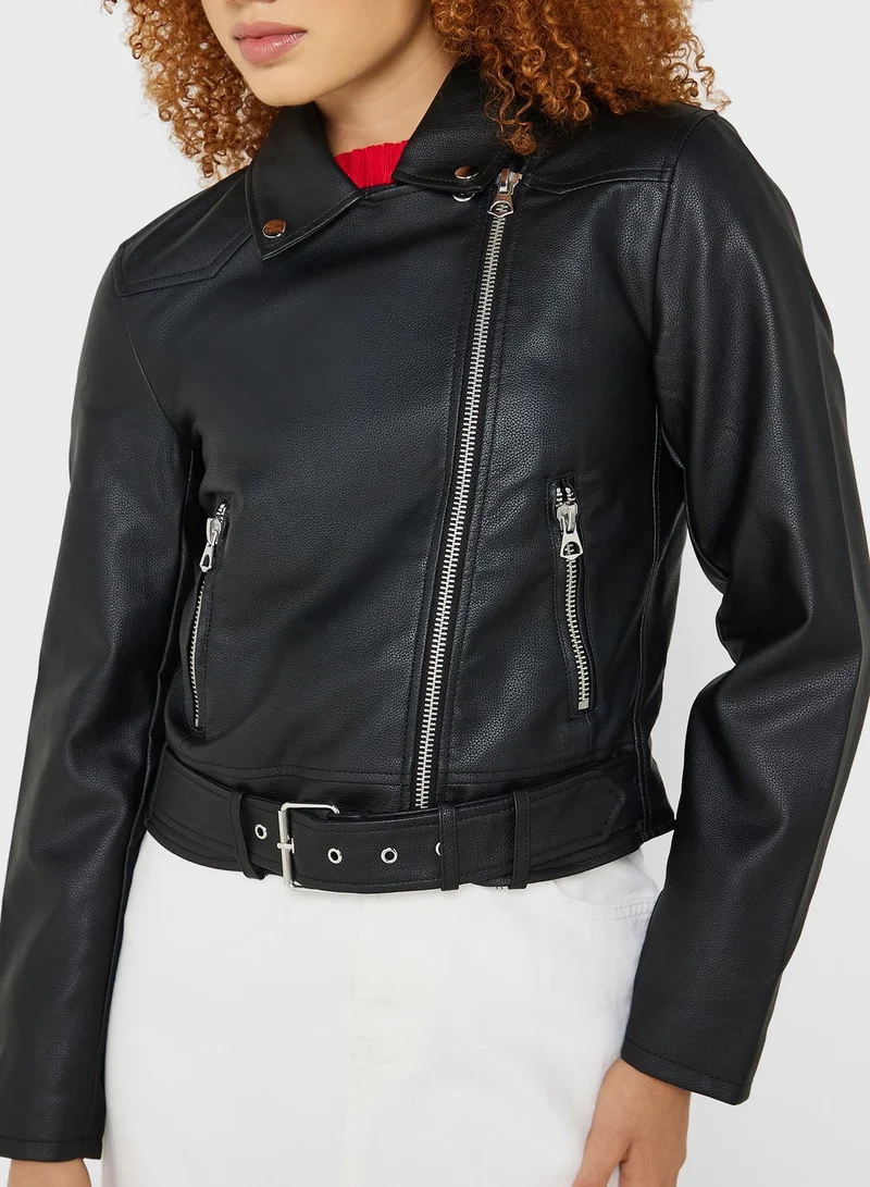 Jacqueline de Yong Belted Zip Through Pu Jacket
