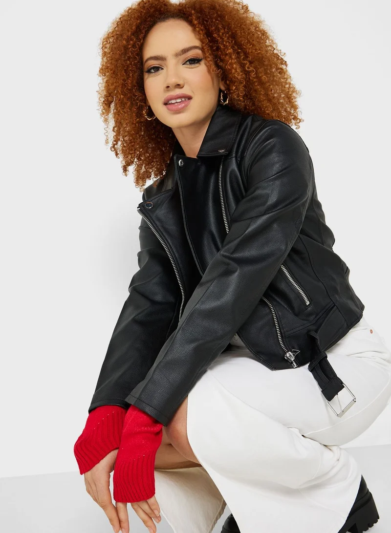 Jacqueline de Yong Belted Zip Through Pu Jacket