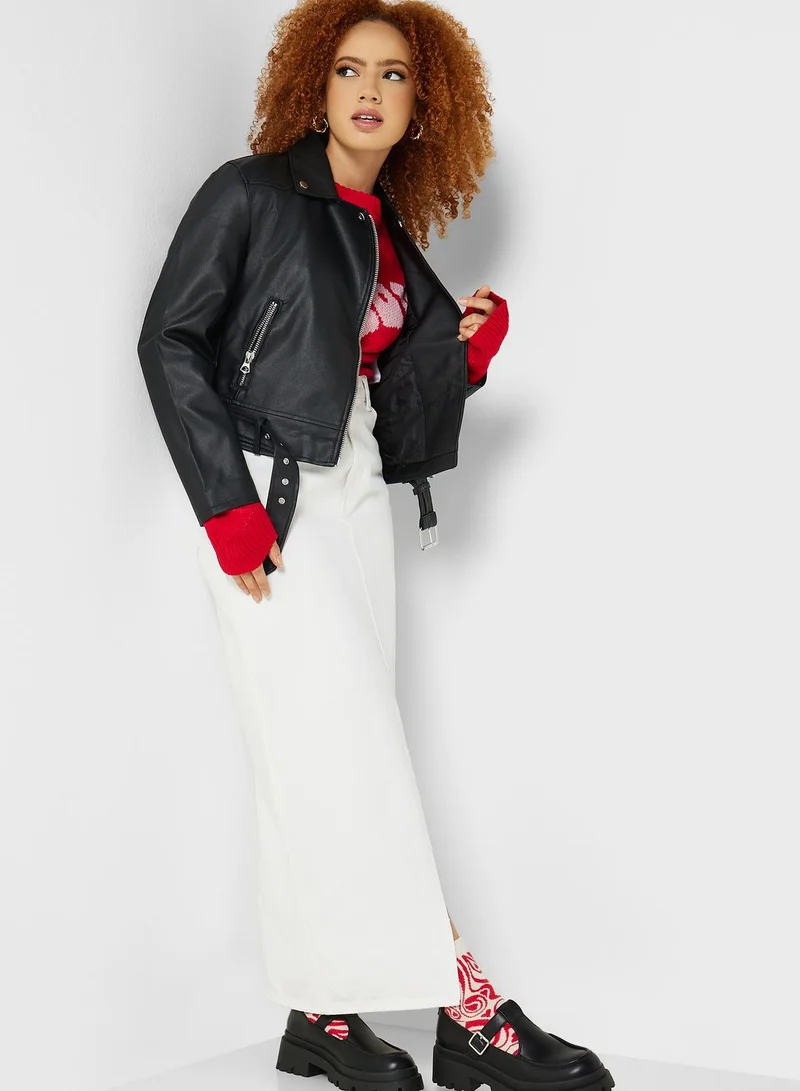 Jacqueline de Yong Belted Zip Through Pu Jacket