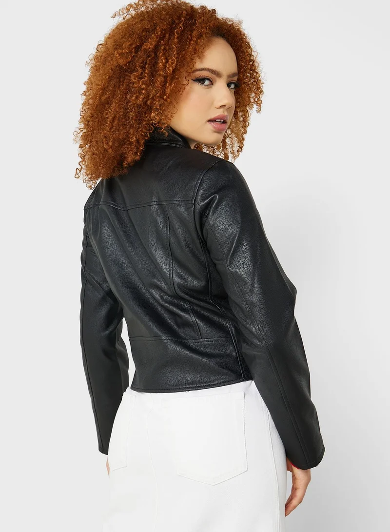Jacqueline de Yong Belted Zip Through Pu Jacket