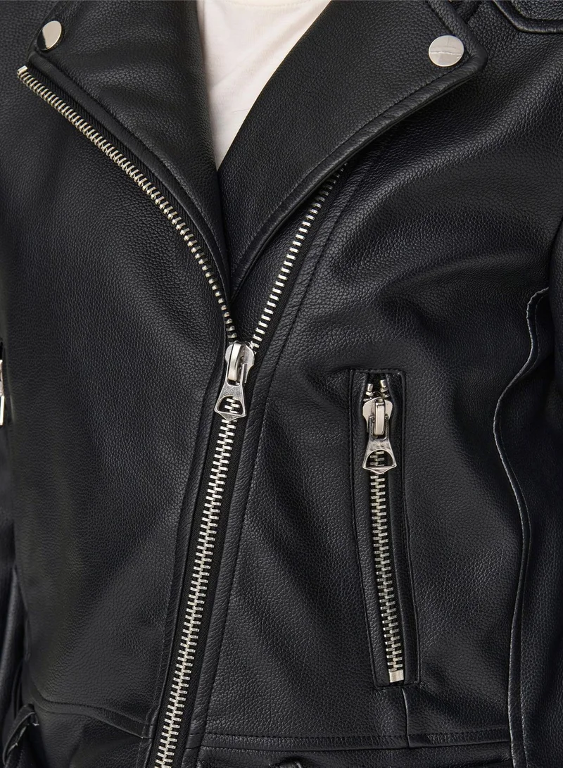 Jacqueline de Yong Belted Zip Through Pu Jacket