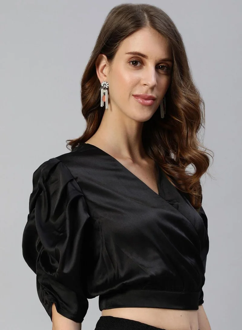 آي شين Women's Black 100% Cotton Printed Cropped Regular Fit Tops