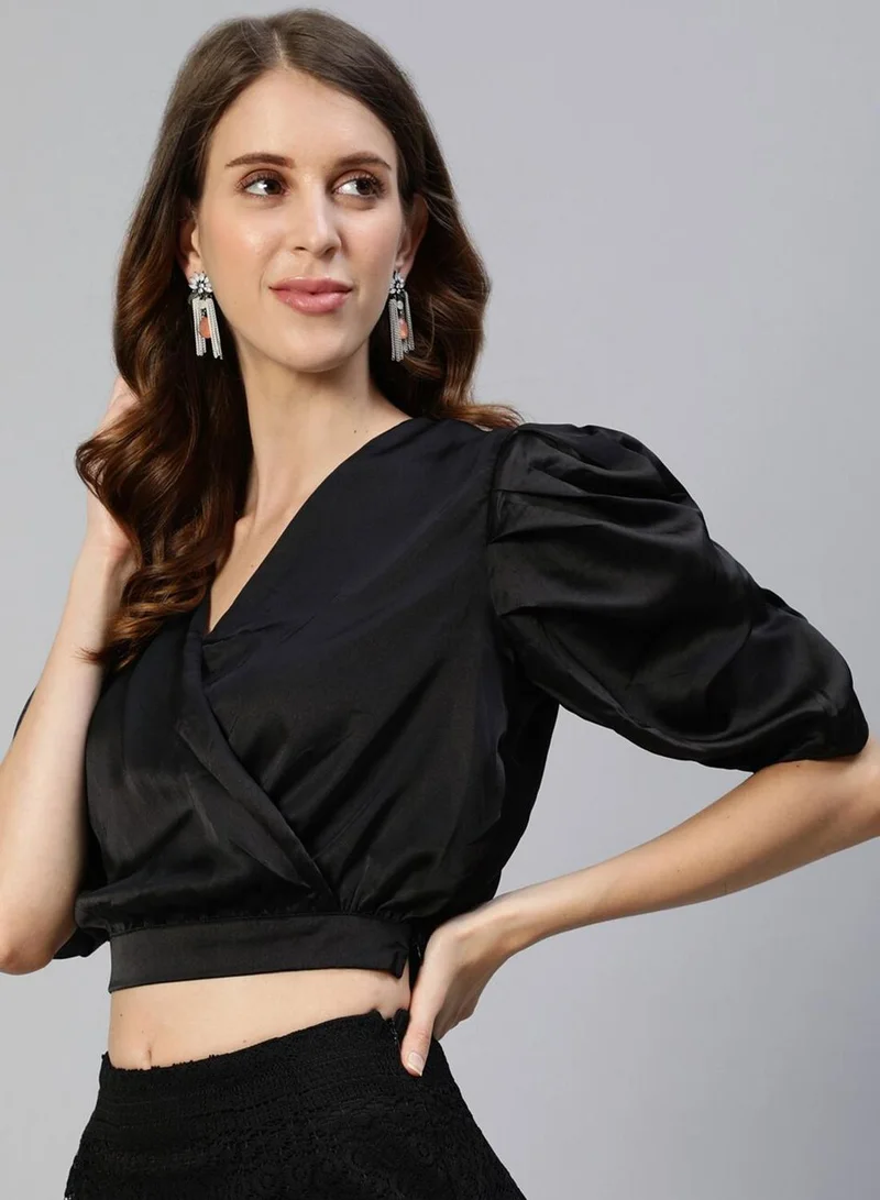 آي شين Women's Black 100% Cotton Printed Cropped Regular Fit Tops