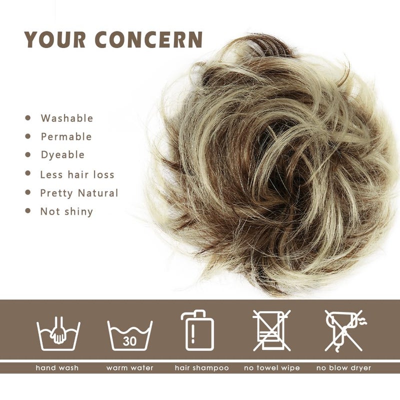BARSDAR 100% Human Hair Bun Extension - Real Human Hair Highlight Messy Bun Scrunchie for Women - Elastic Wavy Small Updo Chignons Hairpieces Soft Natural Looking Daily, Medium Brown & Light Blonde - Image 4