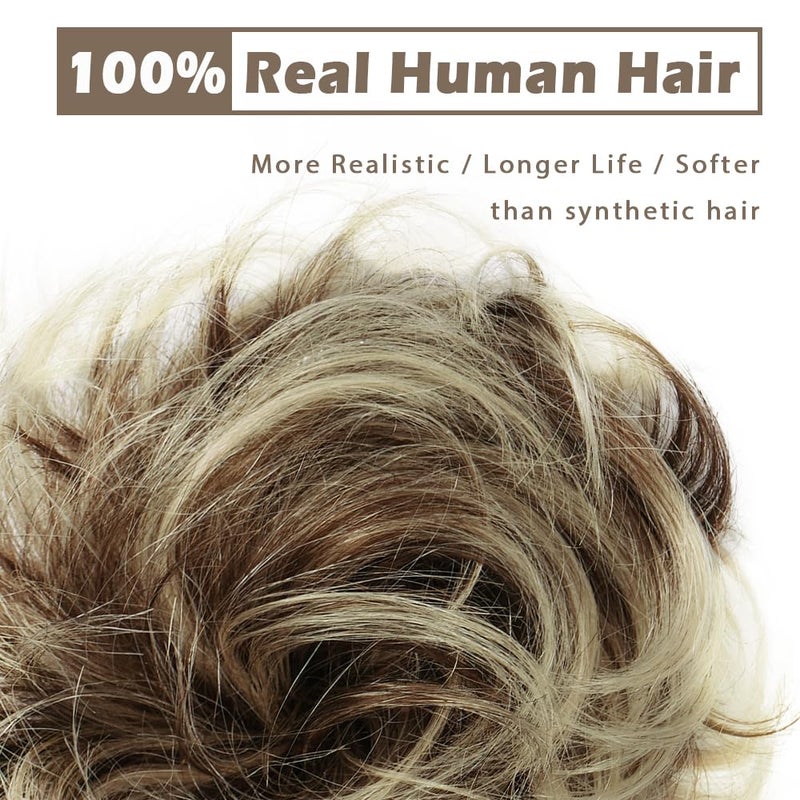 BARSDAR 100% Human Hair Bun Extension - Real Human Hair Highlight Messy Bun Scrunchie for Women - Elastic Wavy Small Updo Chignons Hairpieces Soft Natural Looking Daily, Medium Brown & Light Blonde - Image 2