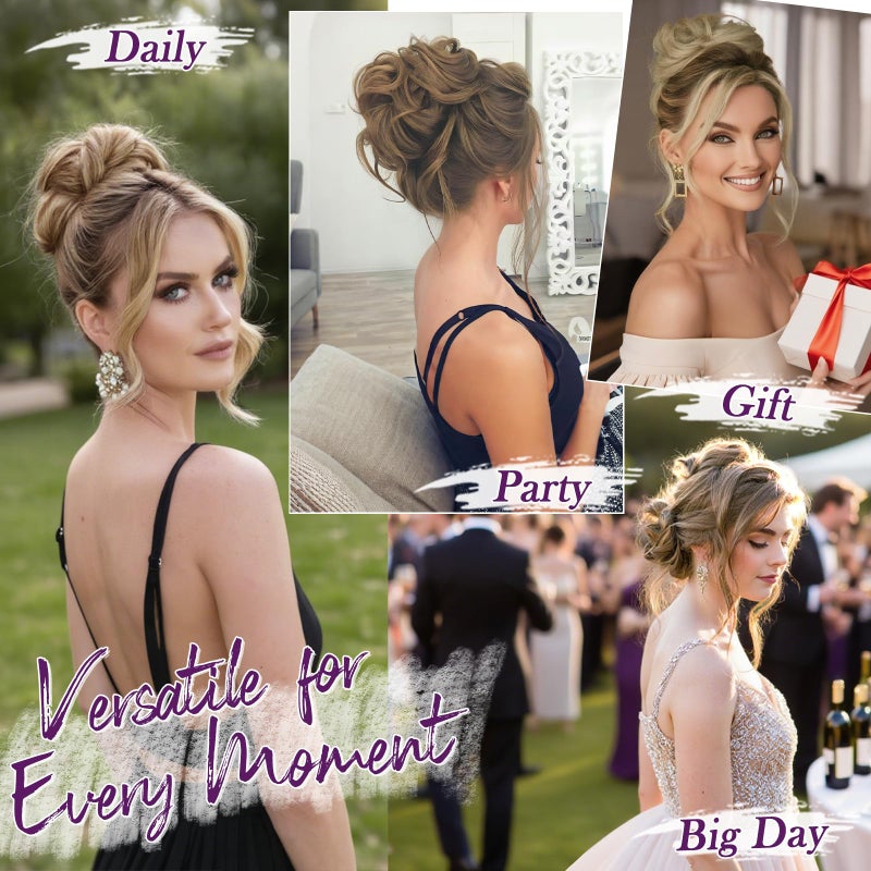BARSDAR 100% Human Hair Bun Extension - Real Human Hair Highlight Messy Bun Scrunchie for Women - Elastic Wavy Small Updo Chignons Hairpieces Soft Natural Looking Daily, Medium Brown & Light Blonde - Image 5