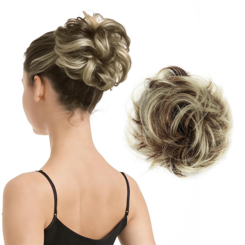 BARSDAR 100% Human Hair Bun Extension - Real Human Hair Highlight Messy Bun Scrunchie for Women - Elastic Wavy Small Updo Chignons Hairpieces Soft Natural Looking Daily, Medium Brown & Light Blonde - Image 1