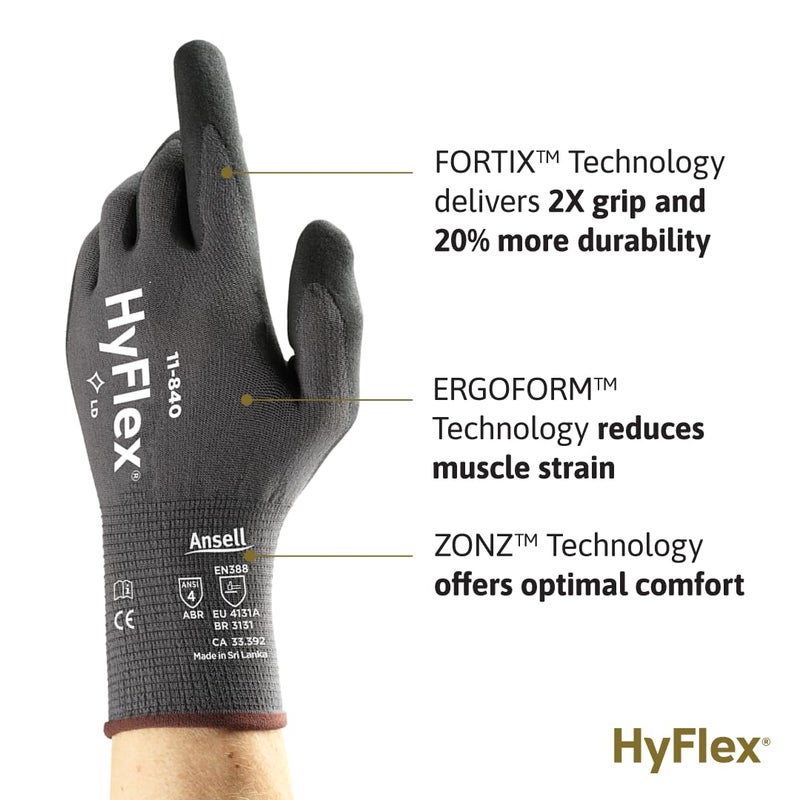 HyFlex Ansell HyFlex 11-840 Ergonomic Abrasion-Resistant Nylon Spandex Nitrile Coated Industrial Gloves for Automotive, Fabrication - Med (8) Grey (3 Pairs) - Image 2