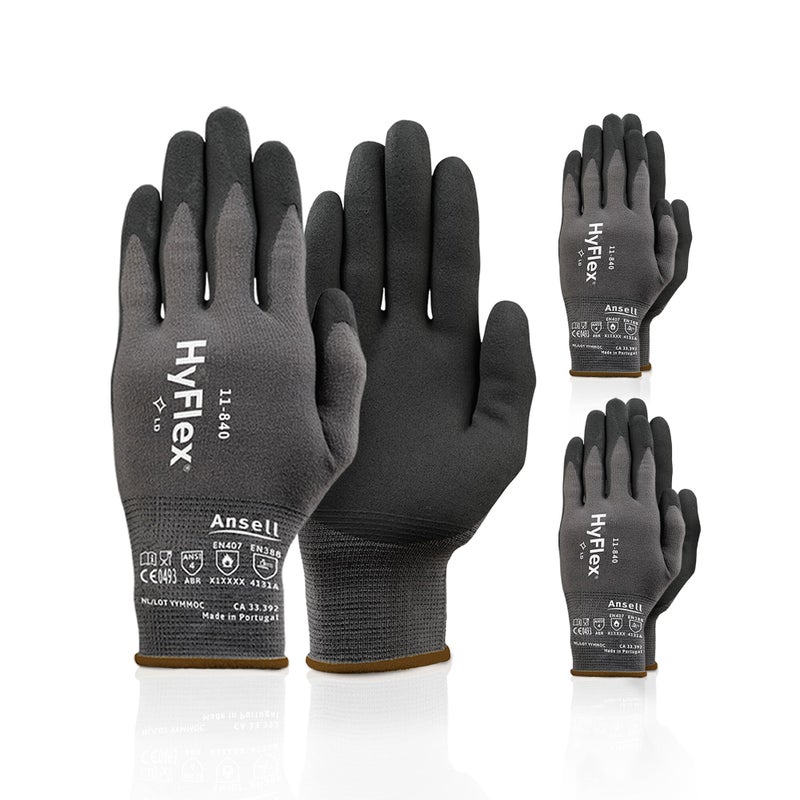 HyFlex Ansell HyFlex 11-840 Ergonomic Abrasion-Resistant Nylon Spandex Nitrile Coated Industrial Gloves for Automotive, Fabrication - Med (8) Grey (3 Pairs) - Image 1