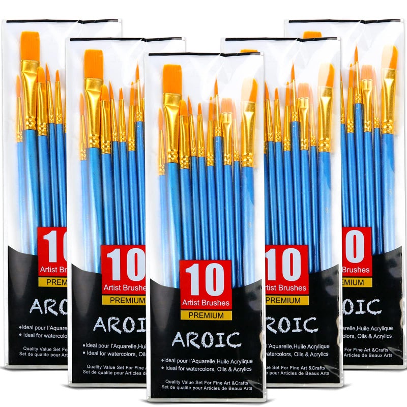 AROIC Acrylic Paint Brush Set, 5 Packs / 50 pcs Nylon Hair Brushes for All Purpose Oil Watercolor Painting Artist Professional Kits - Image 1