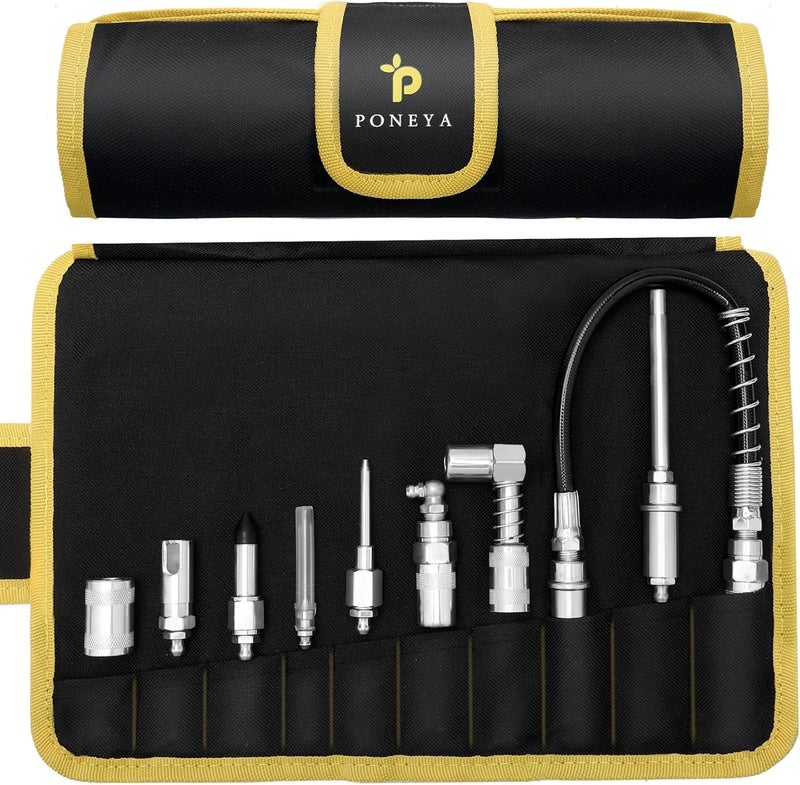 9 PCS Grease Gun Couplers Quick Connect Greasing Accessory Kit with Grease Gun Tips 12 Flex Hose Roll Up Case Perfect for Quick Release Grease Couplers to Reach Any Grease Fitting
