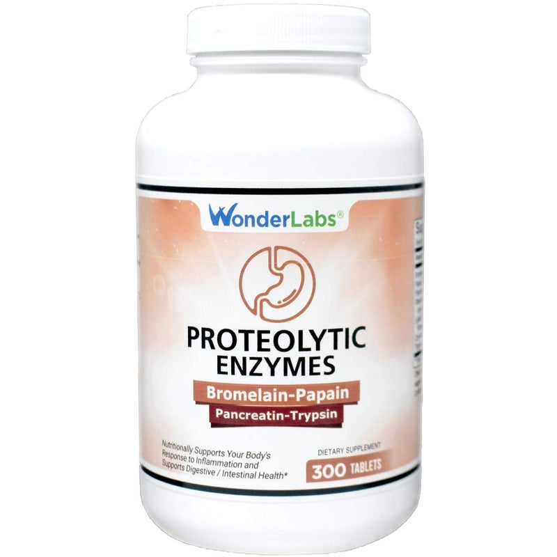 Wonder Laboratories Proteolytic Enzymes Bromelain Papain Pancreatin Trypsin 550 mg Total with Standardized Amylase Lipase and Protease 300 Tablets