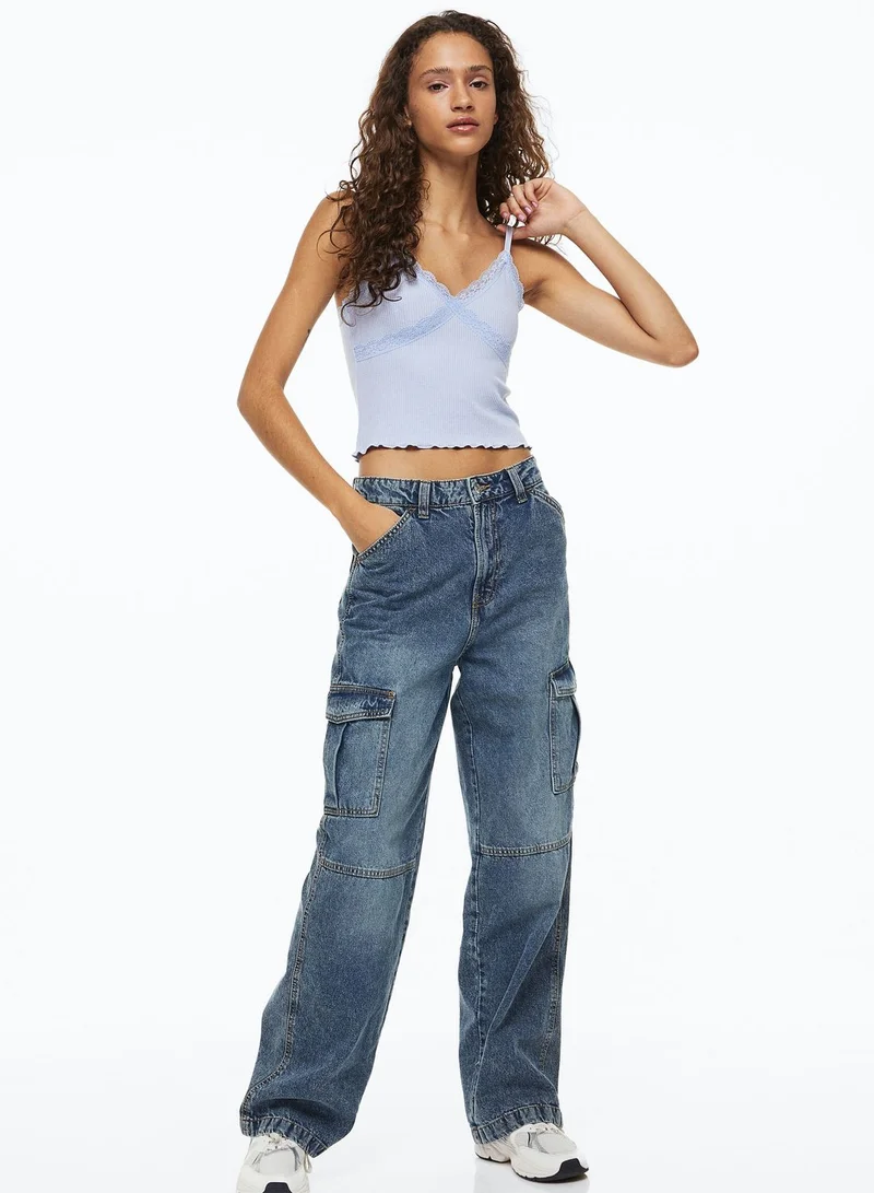 H&M Ribbed Lace Trim Knitted Crop Top