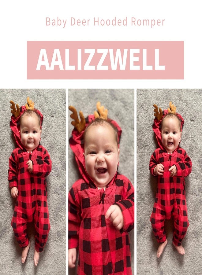 Aalizzwell طقم ملابس عيد الميلاد للأطفال الرضع من Aalizzwell، رومبير بأكمام طويلة وغطاء رأس بنقشة مربعات الجاموس وغزال، ملابس عيد الميلاد بسحاب (أسود، 6-12 شهرًا) - Image 2