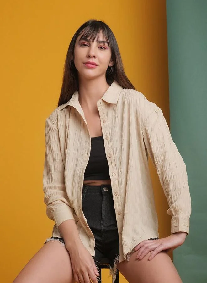 Freehand Freehand Women Beige Seersucker Oversized Shirt