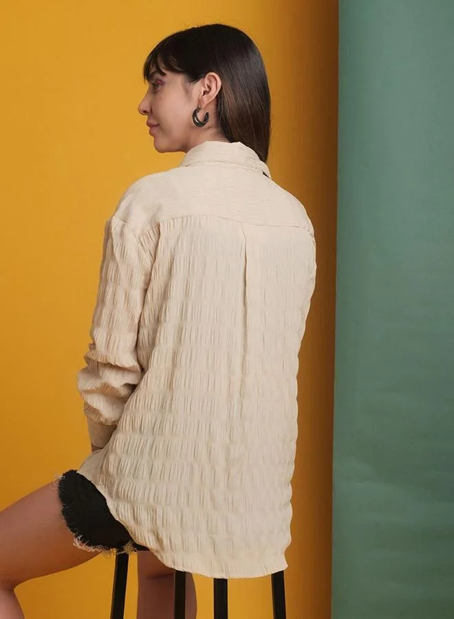 Freehand Freehand Women Beige Seersucker Oversized Shirt