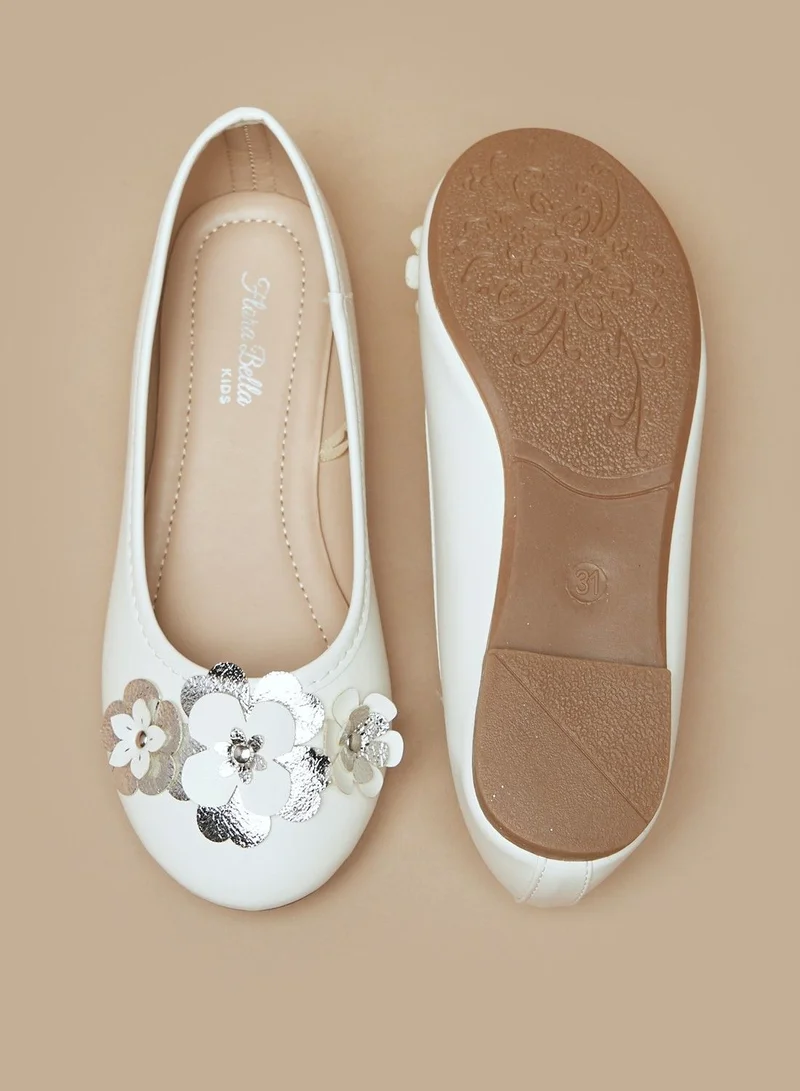 Flora Bella Foil Flower Applique Slip On Round Toe Ballerina Shoes