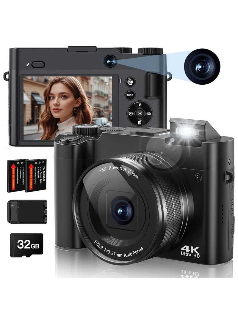 Generic 4K Digital Camera,64MP Camera for Photography and Video Autofocus Anti-Shake, 3'' Selfie Flip Vlogging Camera with Flash, 32GB Card,Front and Rear Cameras with Dial 16X Zoom - Image 1
