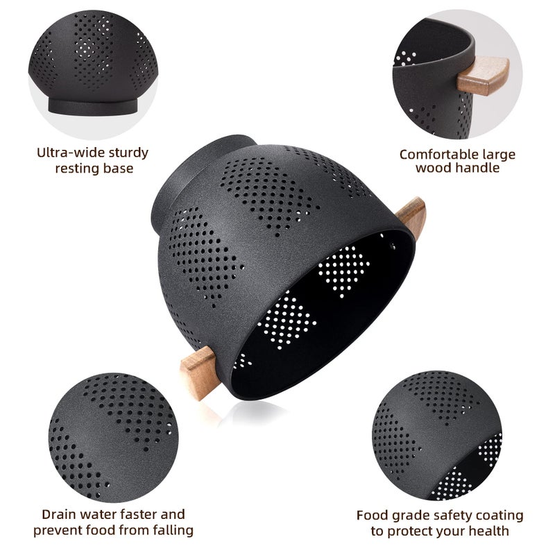 BeFare Metal Colander with Wood Handle and Stable Base, Powder Coated Steel Kitchen Strainer Basket for Draining Pasta, Vegetable and fruit(5.5quart,Matte Black) - Image 3