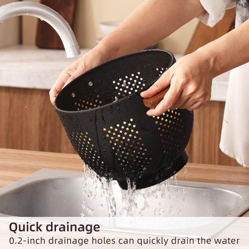 BeFare Metal Colander with Wood Handle and Stable Base, Powder Coated Steel Kitchen Strainer Basket for Draining Pasta, Vegetable and fruit(5.5quart,Matte Black) - Image 4