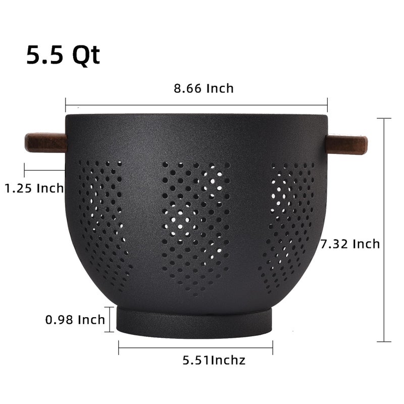 BeFare Metal Colander with Wood Handle and Stable Base, Powder Coated Steel Kitchen Strainer Basket for Draining Pasta, Vegetable and fruit(5.5quart,Matte Black) - Image 2