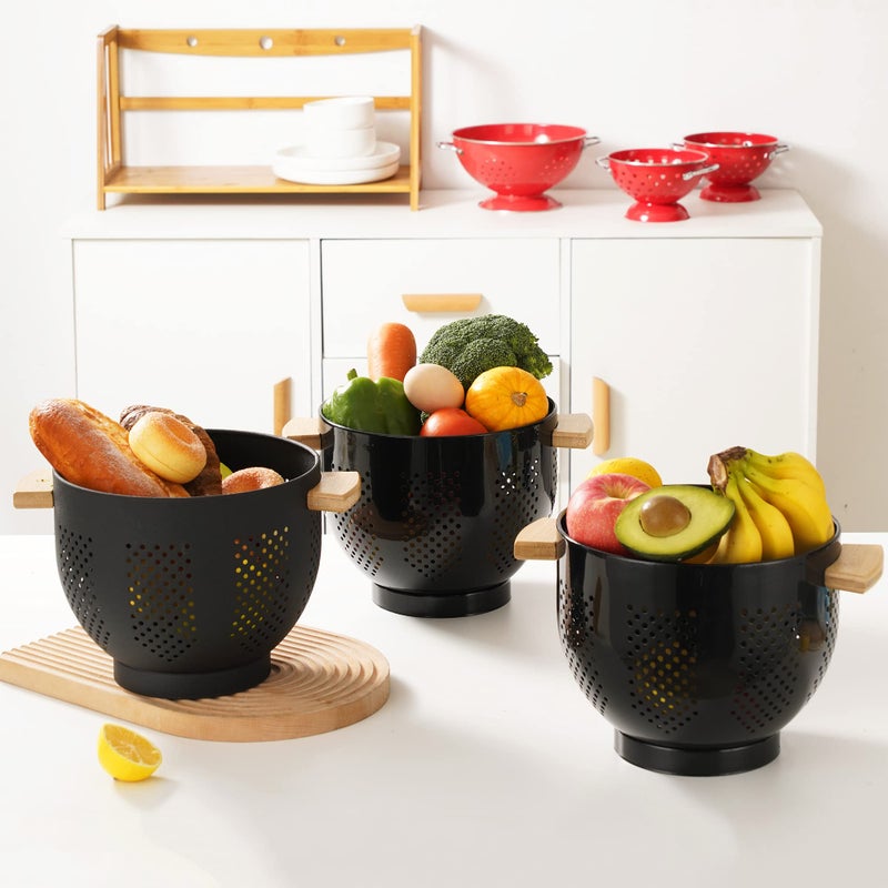 BeFare Metal Colander with Wood Handle and Stable Base, Powder Coated Steel Kitchen Strainer Basket for Draining Pasta, Vegetable and fruit(5.5quart,Matte Black) - Image 5