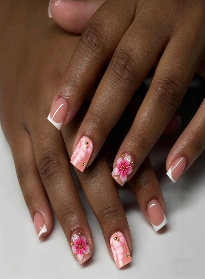 OCOUYVD Press on Nails Handmade 3D Pink White Gradient Flower False Nails Short Square Fake Nail Glossy White French Tip Elegant Floral Style Thick Acrylic Nail Salon Quality Stick on Nails for Women (M) - Image 2