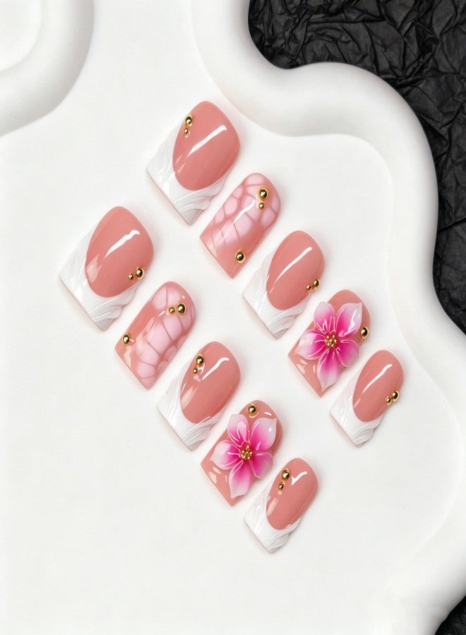 OCOUYVD Press on Nails Handmade 3D Pink White Gradient Flower False Nails Short Square Fake Nail Glossy White French Tip Elegant Floral Style Thick Acrylic Nail Salon Quality Stick on Nails for Women (M) - Image 3