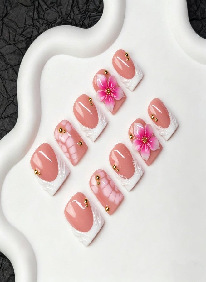 OCOUYVD Press on Nails Handmade 3D Pink White Gradient Flower False Nails Short Square Fake Nail Glossy White French Tip Elegant Floral Style Thick Acrylic Nail Salon Quality Stick on Nails for Women (M) - Image 4