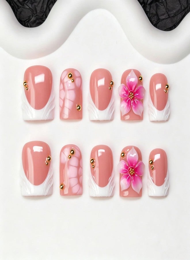 OCOUYVD Press on Nails Handmade 3D Pink White Gradient Flower False Nails Short Square Fake Nail Glossy White French Tip Elegant Floral Style Thick Acrylic Nail Salon Quality Stick on Nails for Women (M) - Image 1